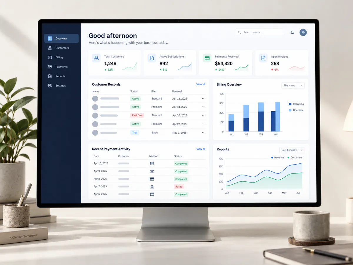 Concept interface on a desktop monitor showing customer records, billing, payment activity, and reporting.