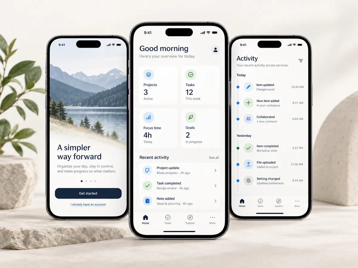 Concept mobile application interface on three smartphones showing onboarding, an account dashboard, and service activity.
